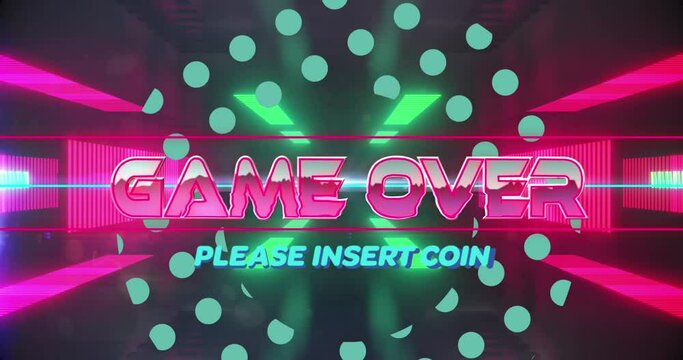 Animation of game over text over digital space with neon lights and shapes