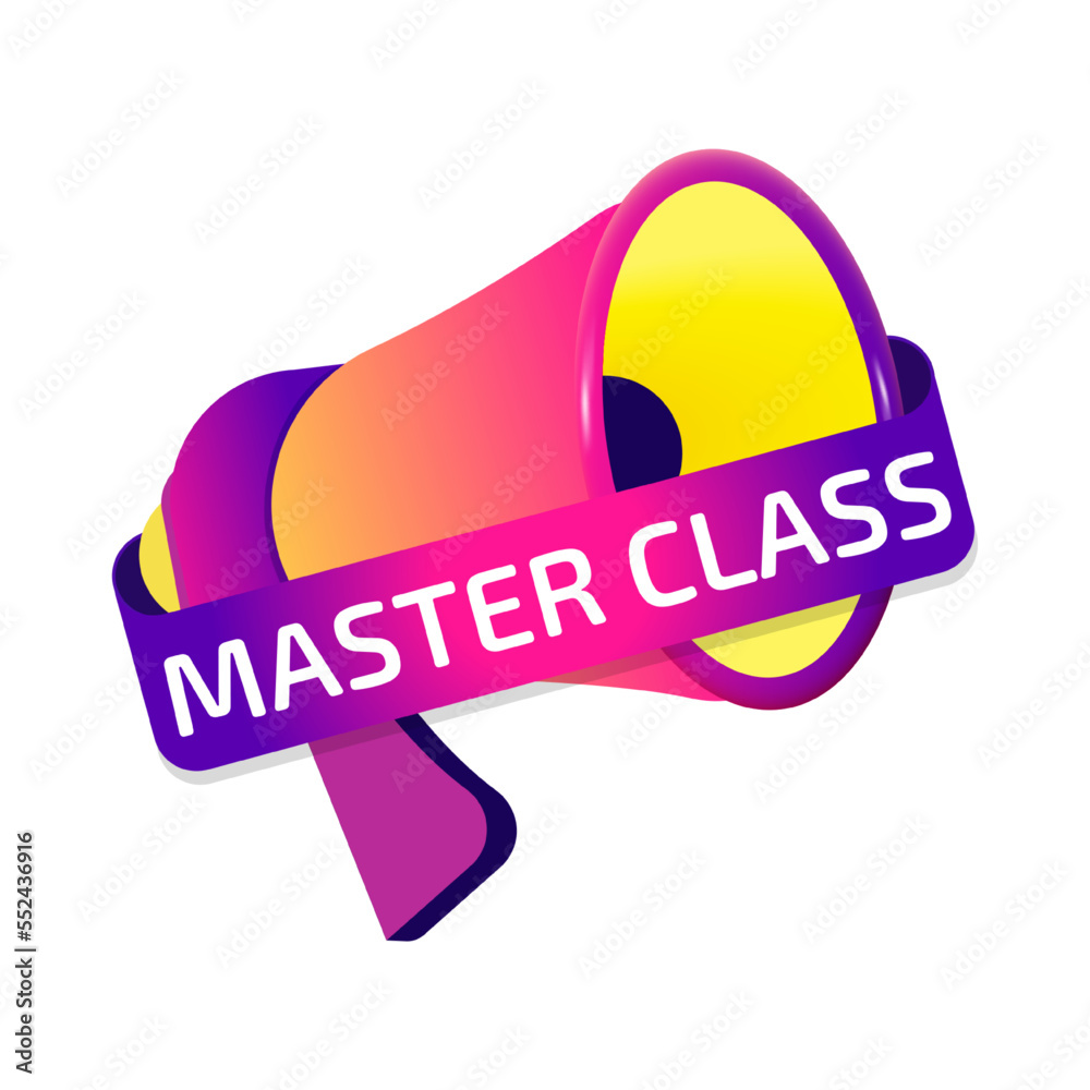Poster master class banner label, badge icon with megaphone. flat design
