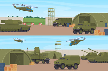 Military camp. Military armored vehicles and aviation equipment soldiers. Equipment for attack and defense of the country. Vector illustration on white background.