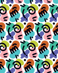 colorful and seamless abstract pattern, retro 80's inspiration. Ideal for backgrounds, wallpapers, cards, textile prints or decorations on objects. Vector illustration.
