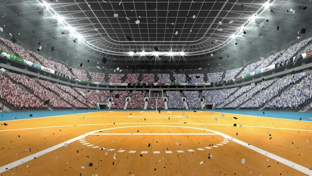 Animation of confetti falling over basketball court sports stadium