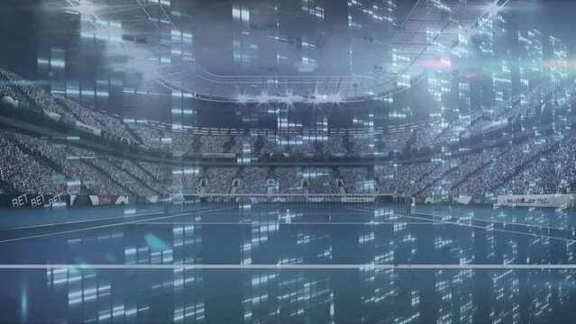 Animation of data processing over tennis court sports stadium