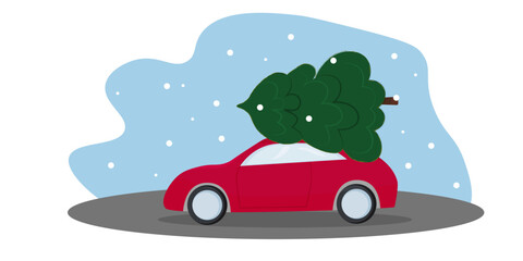 flyer template with a red car carrying a Christmas tree on the roof. Vector illustration. Winter illustration.