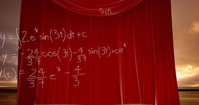 Animation of mathematical equations over red curtain and sky with clouds