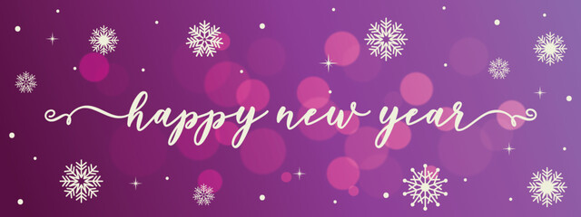 Happy New Year banner on festive background with winter elements for xmas holidays.