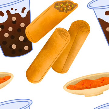 Filipino lumpia spring rolls with sweet and sour sauce and sago gulaman illustrated pattern