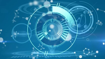 Animation of data processing and scope scanning over dna strand and molecules on blue background - Powered by Adobe