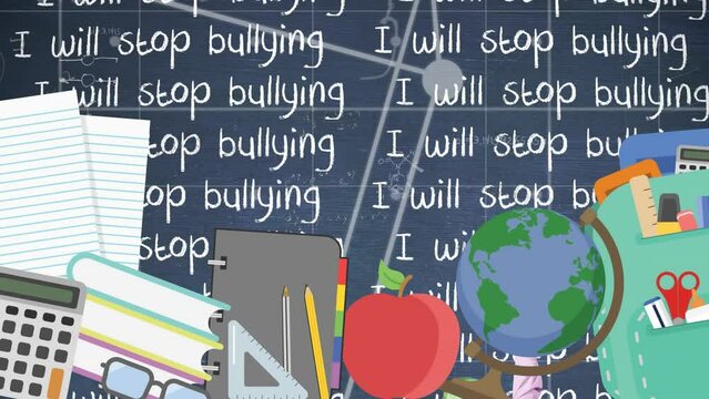 Animation of i will stop bullying text and school icons over mathematical drawings