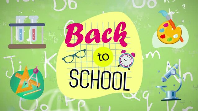 Animation of back to school text and icons over mathematical drawings