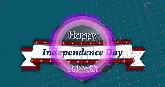 Animation of happy independence day, mathematical equations and data processing