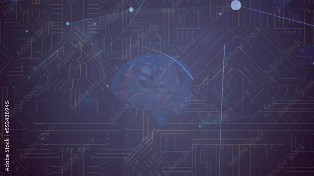 Poster animation of network of connections with digital brain over computer circuit board
