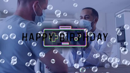 Animation of bubbles and happy birthday ober african american doctor and patient with vaccine - Powered by Adobe