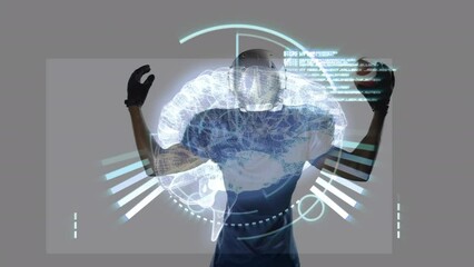 Animation of digital brain and scope scanning over african american male american football player - Powered by Adobe