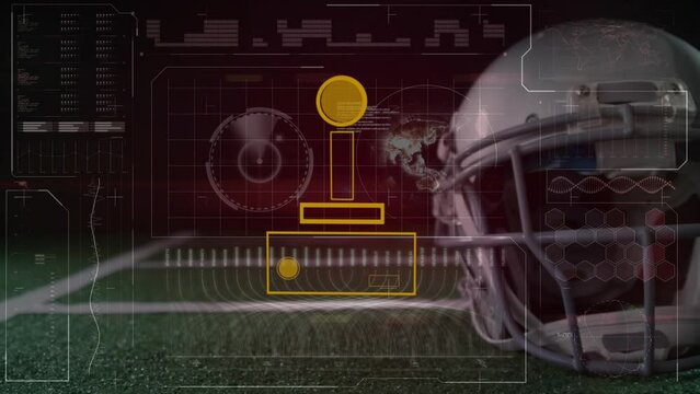 Animation of data processing on digital screen over rugby helmet