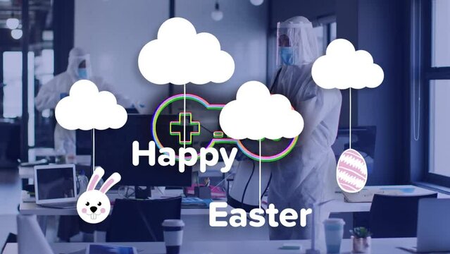 Animation of clouds, game pad and happy easter over man sanitizing office