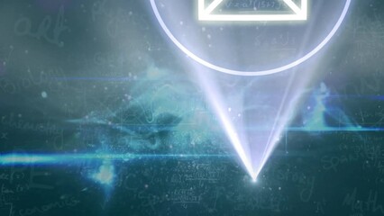 Animation of waves, data, email icon and math formulas in navy space - Powered by Adobe