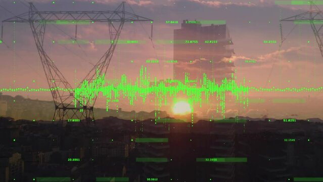 Animation of financial graphs over electricity poles at sunset