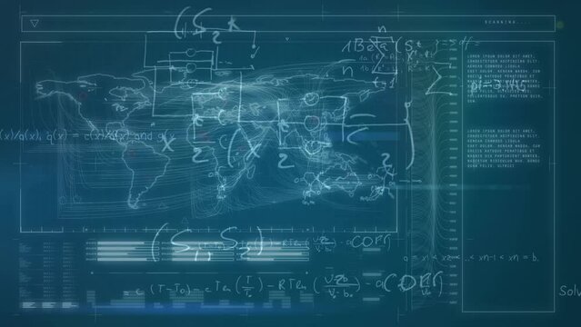 Animation of world map, data processing and math formulas in navy space - Powered by Adobe