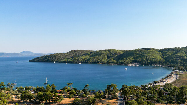 Drone view of Akbuk bay. Akyaya, Gokova, Mugla, Turkey.