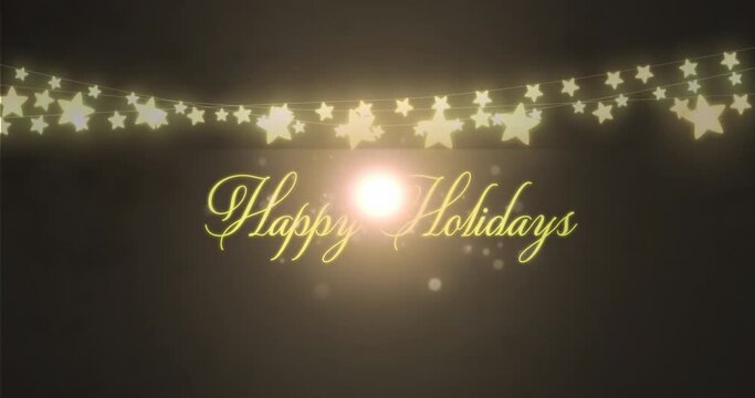 Animation of light trails over happy holidays text and fairy lights on black background