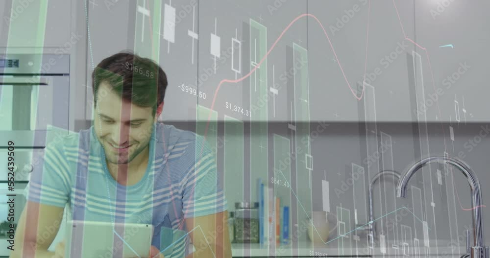 Poster animation of data processing over caucasian man using tablet