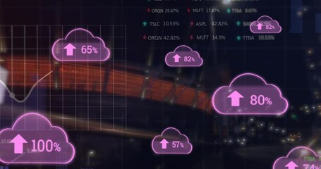 Animation of cloud icons with numbers and data processing over stadium - Powered by Adobe