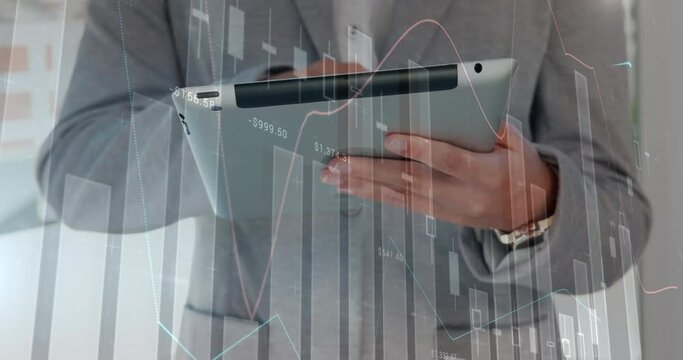 Animation of data processing over caucasian man using tablet