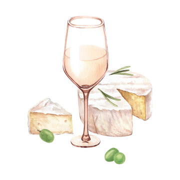 Watercolor camembert cheese with white wine glasses and grape berries. Hand drawn watercolor illustration, isolated on white background. Concept for wine list, label, banner, menu, flyer, template