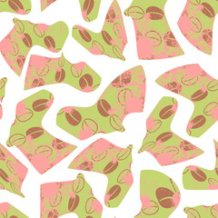 A repeating print with bright flat shapes in coffee bean on a white square background