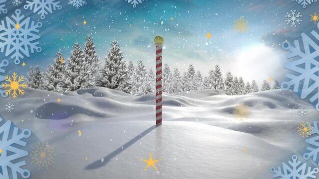 Animation of winter scenery and north pole over snow falling