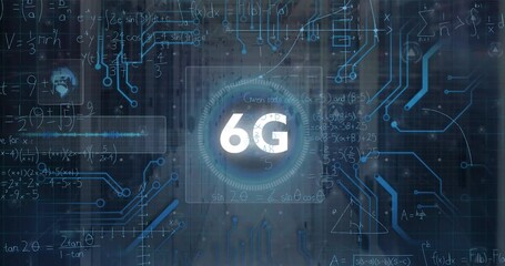Animation of 6g text and microprocessor connections over mathematical equations against server room - Powered by Adobe