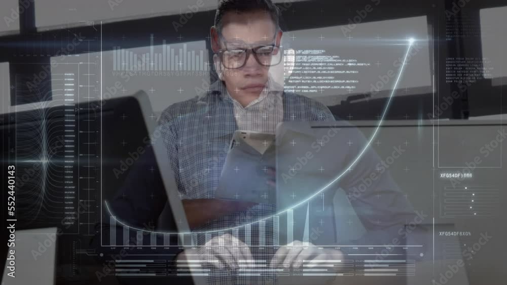 Poster animation of caucasian businessman using computer over data processing