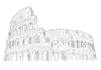 Roman Colosseum, wonder of the world. Illustration with lines. Tourist destination in Italy, one of the most visited places in the world