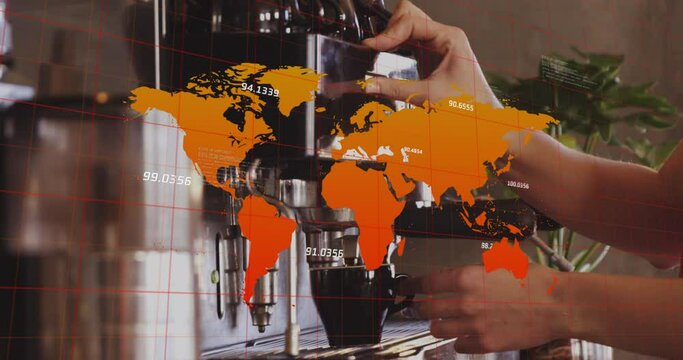 Animation of map, numbers, cropped hands of caucasian woman preparing coffee through coffee machine