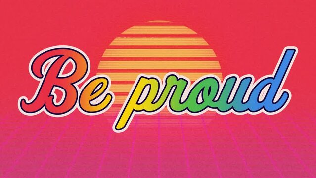 Animation of colorful be proud text over sun with striped pattern on red background