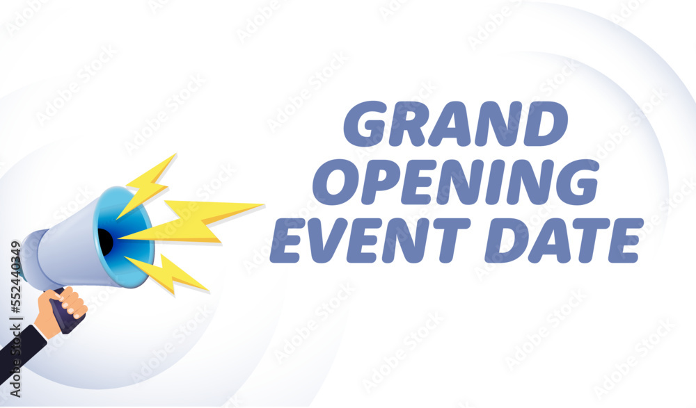 Poster hand hold megaphone. grand opening event date, realistic 3d megaphone, loudspeaker with lightning. s