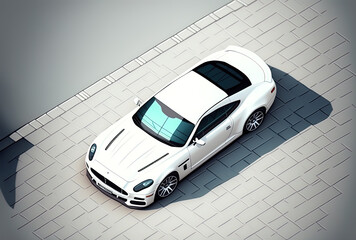 a focus on the details. Aerial view of a white contemporary luxury automobile that is parked inside during the day. Generative AI