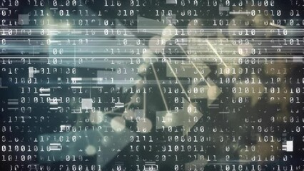 Animation of glitch technique over looping binary codes, dna helix, moving arrows with bokeh effect - Powered by Adobe
