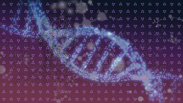 Animation of dna helix, circle, geometric shape over floating nucleotides over abstract background