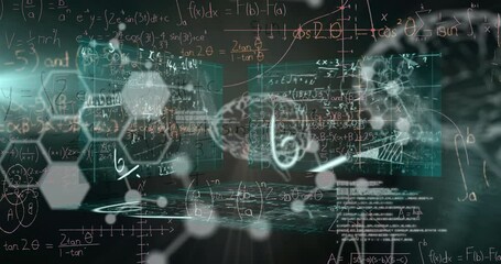 Animation of mathematical equations over digital brain and data processing on black background - Powered by Adobe