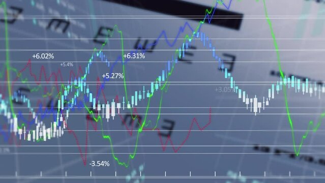 Animation of financial and stock market data processing over snellen eye chart on white background
