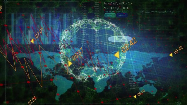 Animation of financial data processing over brain icon against world map and data processing
