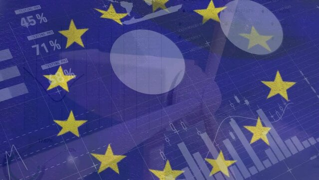 Animation of data processing over eu flag and wind turbine - Powered by Adobe