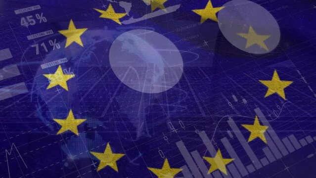 Animation of data processing over eu flag and solar panels