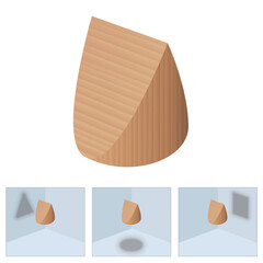 Different shadows from same object  - round, triangular and square shadow of a wedge shaped object. Symbol for different perspectives, points of view or matters of opinion. Vector illustration.
