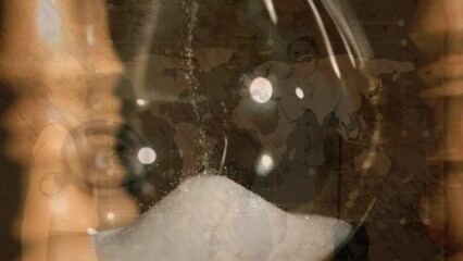 Animation of hourglass over compass with caucasian female flight attendant and world map - Powered by Adobe