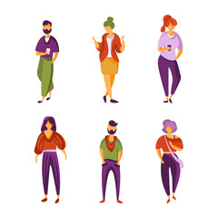 People Characters in Different Clothing and Hairstyle Standing and Walking Vector Set