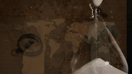 Animation of hourglass over compass with caucasian female flight attendant and world map - Powered by Adobe