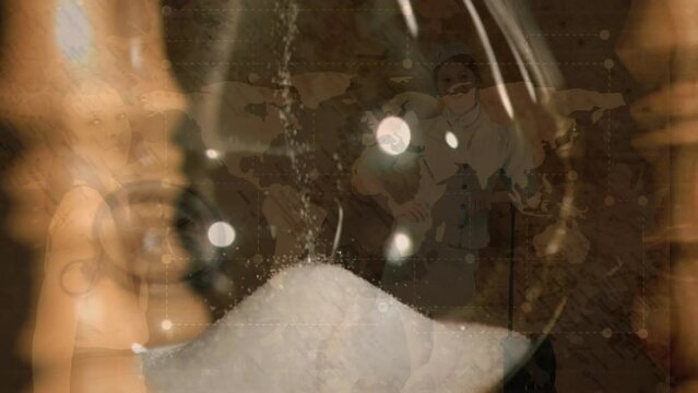 Animation of hourglass over compass with caucasian female flight attendant and world map - Powered by Adobe