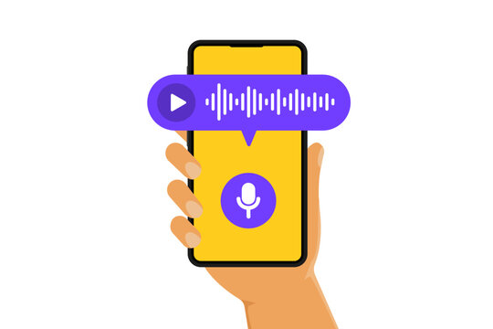 Voice and audio messages. Smartphone with voice messages on screen. Human hand holds smartphone with microphone button on screen and voice messages bubbles. Online chat. Vector illustration
